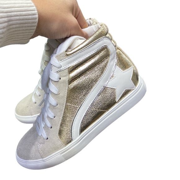 NWT Nature Breeze Rock Star Sneaker Gold Metallic Dale Hi Top Golden Goose Inspo - Picture 3 of 8